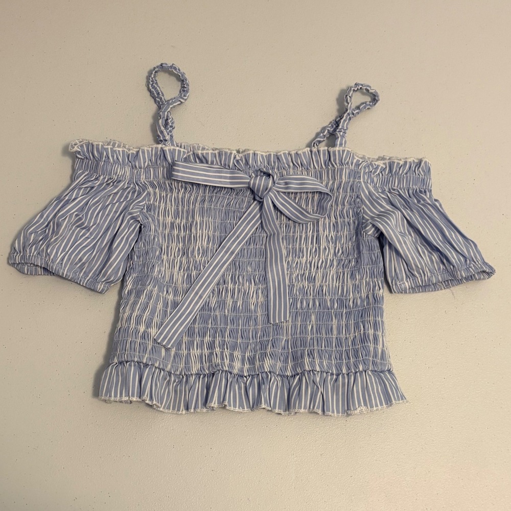 B. Haute L. Bartlett Blue White Striped Smocked Off Shoulder Crop Top f5